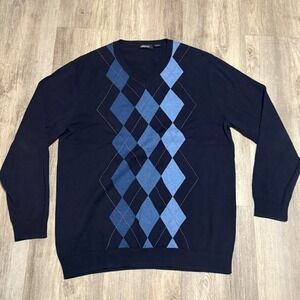 Mens Claiborne Navy Blue‎ Argyle V Neck Long Sleeve Sweater Size L Cotton